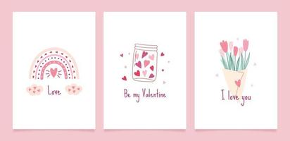 jeu de cartes de voeux pour la saint valentin. illustrations vectorielles mignonnes avec éléments décoratifs festifs, coeur, bouquet, arc-en-ciel boho, bonbons et inscriptions. vecteur