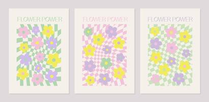 arrière-plans abstraits y2k sertis de fleurs de marguerite groovy. affiches vectorielles dans le style rétro psychédélique branché des années 2000. couleur lilas, rose, jaune et vert. vecteur