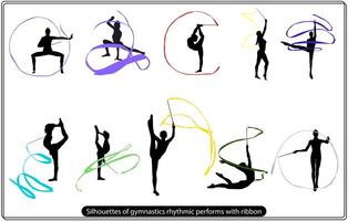 silhouettes de gymnastique rythmique effectue avec ruban gratuit vecteur