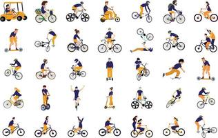 les gens font du vélo à l'illustration vectorielle du défilé de vélos. personne de dessin animé active faisant du vélo sur une piste cyclable au fond de la nature verdoyante. concept de mode de vie sain, de sports et de plein air vecteur