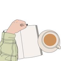 vecteur libre boire du café sur la table avec la main de livre ouvert et une chemise vert vif