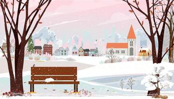 paysages d'hiver parc de la ville avec chat dormant sur un banc dans le jardin, joli jour de noël dans le village, fond de toile de fond d'horizon de dessin animé vectoriel pays des merveilles d'hiver avec fond de montagne, nuage et ciel rose