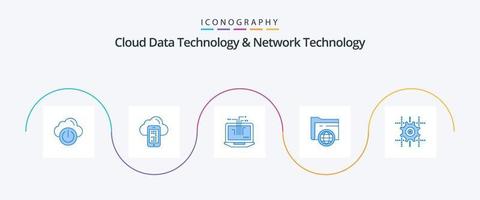 technologie de données en nuage et technologie de réseau pack d'icônes bleues 5, y compris l'équipement. globe. l'ordinateur. fie. dossier vecteur