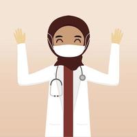vue de face personnage de médecin hijab musulman. création de personnage de médecin avec vues, émotion du visage, pose, geste et masque. style cartoon, illustration vectorielle plane. femme médecin avec masque vecteur