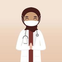 vue de face personnage de médecin hijab musulman. création de personnage de médecin avec vues, émotion du visage, pose, geste et masque. style cartoon, illustration vectorielle plane. femme médecin avec masque vecteur