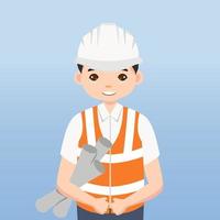 architecte, technicien et constructeurs et ingénieurs et mécaniciens et travailleurs de la construction travail d'équipe, personnage de dessin animé d'illustration vectorielle. ingénieur avec casque de sécurité blanc sur chantier. vecteur