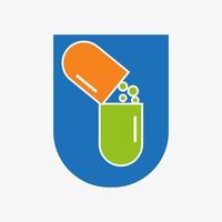 concept de logo de tablette de médecine lettre u pour le modèle vectoriel de signe de logo de soins de santé