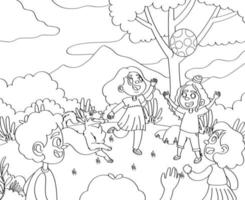 livre de coloriage enfants jouant à lancer une balle dans la forêt vecteur