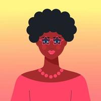 portrait d'une belle jeune femme africaine. avatar de fille noire à lunettes étoiles. vecteur