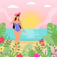 paysage marin exotique d'été avec femme en maillot de bain et chapeau. fleurs et plantes tropicales autour. scène de plage. vecteur