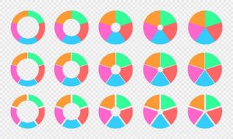 ensemble de graphiques à secteurs et à beignets. diagrammes circulaires colorés divisés en 5 sections. roues infographiques. formes rondes coupées en cinq parties égales isolées sur fond transparent vecteur
