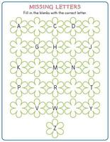 jeu éducatif de lettres manquantes pour les enfants. apprentissage de l'alphabet anglais. activité des centres d'alphabétisation. feuille de travail préscolaire et maternelle pour les enfants. activité fleurs de printemps vecteur