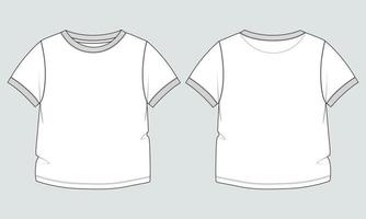 t-shirt de base à manches courtes mode technique croquis plat modèle d'illustration vectorielle vues avant et arrière. maquette de conception de vêtements de base pour les enfants vecteur