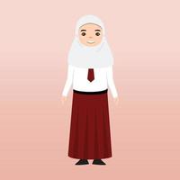 élève de l'école élémentaire hijab portant l'uniforme rouge et blanc. illustration de vecteur de dessin animé. portrait d'un élève du primaire. écoliers enfants avec sacs à dos, livres, macbook.