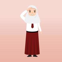 élève de l'école élémentaire hijab portant l'uniforme rouge et blanc. illustration de vecteur de dessin animé. portrait d'un élève du primaire. écoliers enfants avec sacs à dos, livres, macbook.