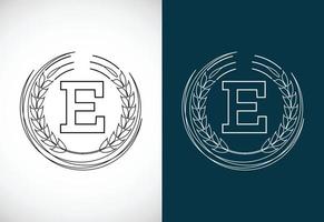 lettre initiale e avec couronne de blé. concept de conception de logo de culture de blé biologique. logo agricole. vecteur