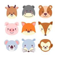 dessin animé animaux mignons pour carte de bébé et invitation. illustration vectorielle de tête d'animal mignon. cerf, rhinocéros, ours, porc, renard roux, koala, singe, rat vecteur
