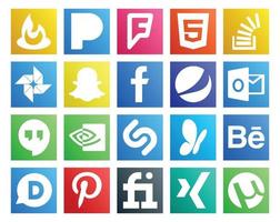 pack de 20 icônes de médias sociaux, y compris behance shazam photo nvidia outlook vecteur