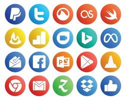 pack de 20 icônes de médias sociaux, y compris vlc google play google duo boîte de réception powerpoint vecteur