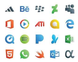 Pack de 20 icônes de médias sociaux, y compris WhatsApp Excel et MSN Spotify vecteur