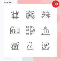 ensemble de 9 symboles d'icônes d'interface utilisateur modernes signes pour les éléments de conception vectoriels modifiables d'araignée de caméra de voiture numérique d'échecs vecteur