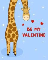 jolie girafe sur fond bleu. Joyeuse saint Valentin. sois ma Valentine. carte de dessin animé de vecteur. vecteur