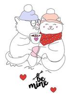 be mine.vector illustration romantique avec un couple de chats mignons avec une tasse de café et des couleurs d'accent rouge, rose, bleu, sur fond blanc isolé. vecteur