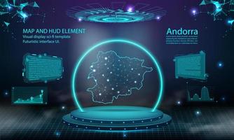 andorre carte lumière reliant l'arrière-plan de l'effet. interface utilisateur de technologie numérique abstraite, gui, interface virtuelle hud futuriste avec carte d'andorre. podium futuriste de scène dans le brouillard. vecteur