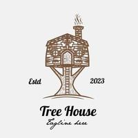 maison d'arbre de logo d'art de ligne vintage, maison en bois, construite sur une branche d'un arbre. vecteur