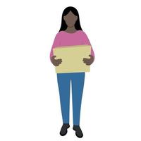 une fille noire avec une grosse boîte dans les mains, vecteur plat, isoler sur blanc, illustration sans visage, livraison, déménagement