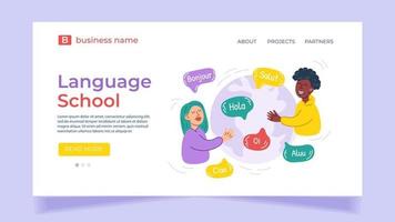 concept d'école de langue en ligne pour la page de destination ou le modèle de site Web. apprendre des langues en ligne, apprendre une langue étrangère à la maison. vecteur