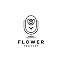 micro et fleur rose logo icône design concept de podcast fleuriste dans le vecteur de contour de ligne à la mode