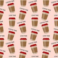 tasse en papier motif sans couture avec coeurs dorés. texte love time et coffee time.love coffee paper cup with hearts.vector illustration in flat cartoon style vecteur