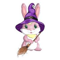 lapin mignon en chapeau de sorcière avec citrouille, balai, potion. concept de festival d'halloween heureux. personnage de mascotte de lièvre de l'année 2023 vecteur