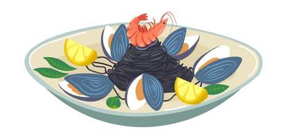 moules et crevettes, salade de fruits de mer aux citrons vecteur