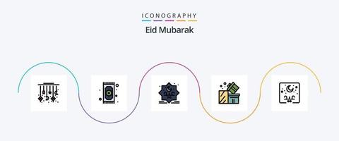 ligne eid mubarak remplie de pack d'icônes plat 5, y compris les achats. boîte. Islam. cadeau. typographie vecteur