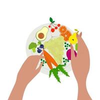 concept d'aliments frais sains végétariens montrant une assiette de légumes et de fruits atteignant un bol de légumes verts vecteur