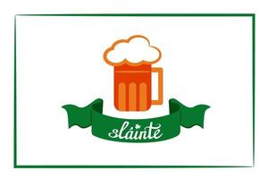 souhait gaélique de santé, slainte, toast pour fête irlandaise, célébration, écrit sur un élégant ruban vert. lettrage dessiné à la main avec une chope de bière orange. imprimé festif simple aux couleurs du drapeau irlandais vecteur