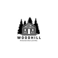 création de logo de forêt de pins de maison en bois vecteur