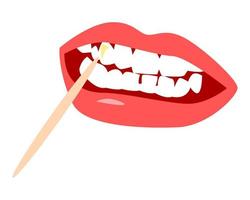 dents, lèvres et cure-dents. les traces de nourriture collent à la surface de la dent. concept dentaire, traitement. illustration vectorielle. vecteur