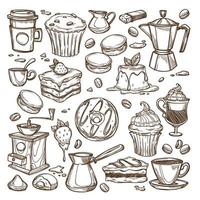 café et desserts, gâteaux et croquis de pâtisserie sucrée vecteur