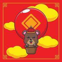 mignon ours voler avec ballon à air dans le nouvel an chinois. illustration de dessin animé de vecteur adaptée à l'affiche, à la brochure, au web, à la mascotte, à l'autocollant, au logo et à l'icône.