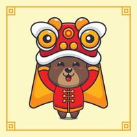 ours mignon jouant la danse du lion au nouvel an chinois. illustration de dessin animé de vecteur adaptée à l'affiche, à la brochure, au web, à la mascotte, à l'autocollant, au logo et à l'icône.