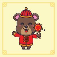 ours mignon jouant au tambour dans le nouvel an chinois. illustration de dessin animé de vecteur adaptée à l'affiche, à la brochure, au web, à la mascotte, à l'autocollant, au logo et à l'icône.