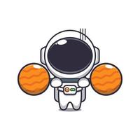 astronaute mignon soulevant l'illustration vectorielle de dessin animé d'haltères de la planète. illustration de dessin animé de vecteur adaptée à l'affiche, à la brochure, au web, à la mascotte, à l'autocollant, au logo et à l'icône.