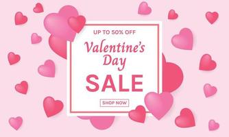 affiche ou bannière de vente de la saint-valentin avec des coeurs doux 3d sur fond rose. modèle d'achat de texte de remise de vente de promotion vecteur