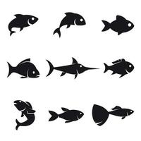 ensemble de poissons, icônes noires et simples sur fond blanc vecteur