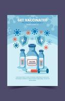affiche du vaccin covid-19 avec bouclier, flacon de médicament et seringue vecteur