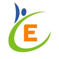 logo de la santé humaine sur la lettre e. logo de soins de santé, vecteur de modèle de logo médical de signe bio