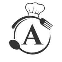 logo du restaurant sur la lettre un concept avec chapeau de chef, cuillère et fourchette pour le logo du restaurant vecteur